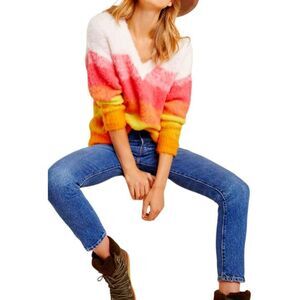 Anthropologie Women's Simone Striped Pullover Sweater Pink Orange Multi V Neck M